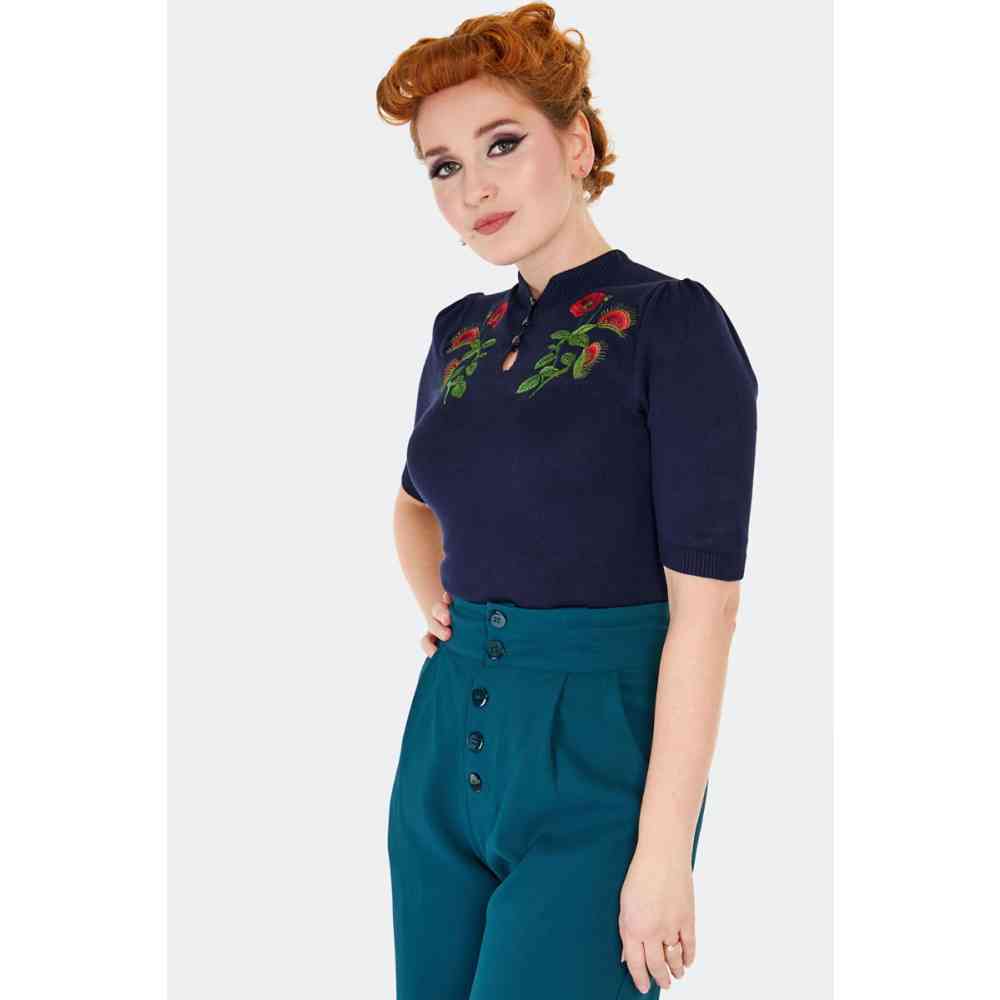 Voodoo Vixen - Venus Flytrap Embroidered Sweatshirt - Dunkelblau